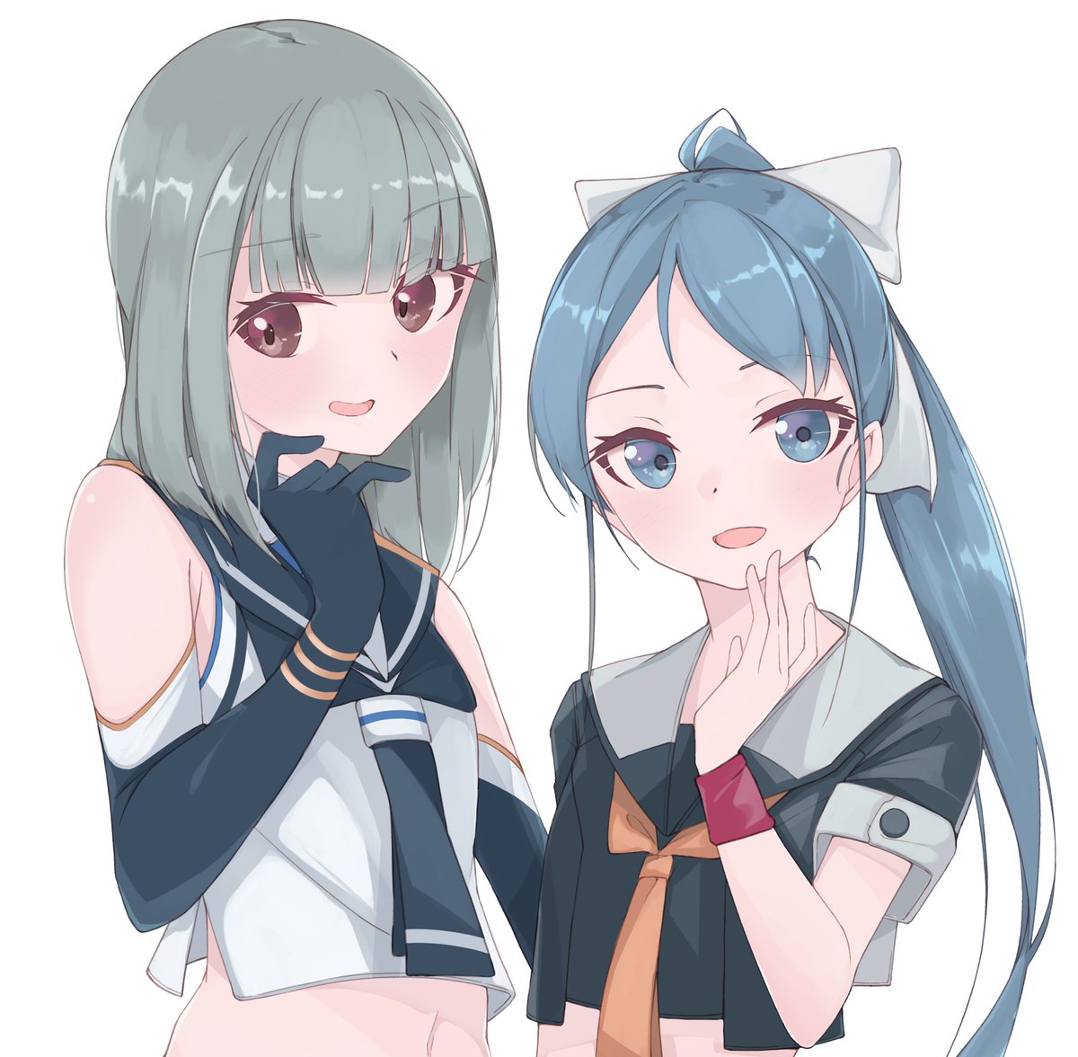 samidare (kancolle) ,yuubari (kancolle) multiple girls 2girls skirt ponytail gloves blue hair blue eyes  illustration images