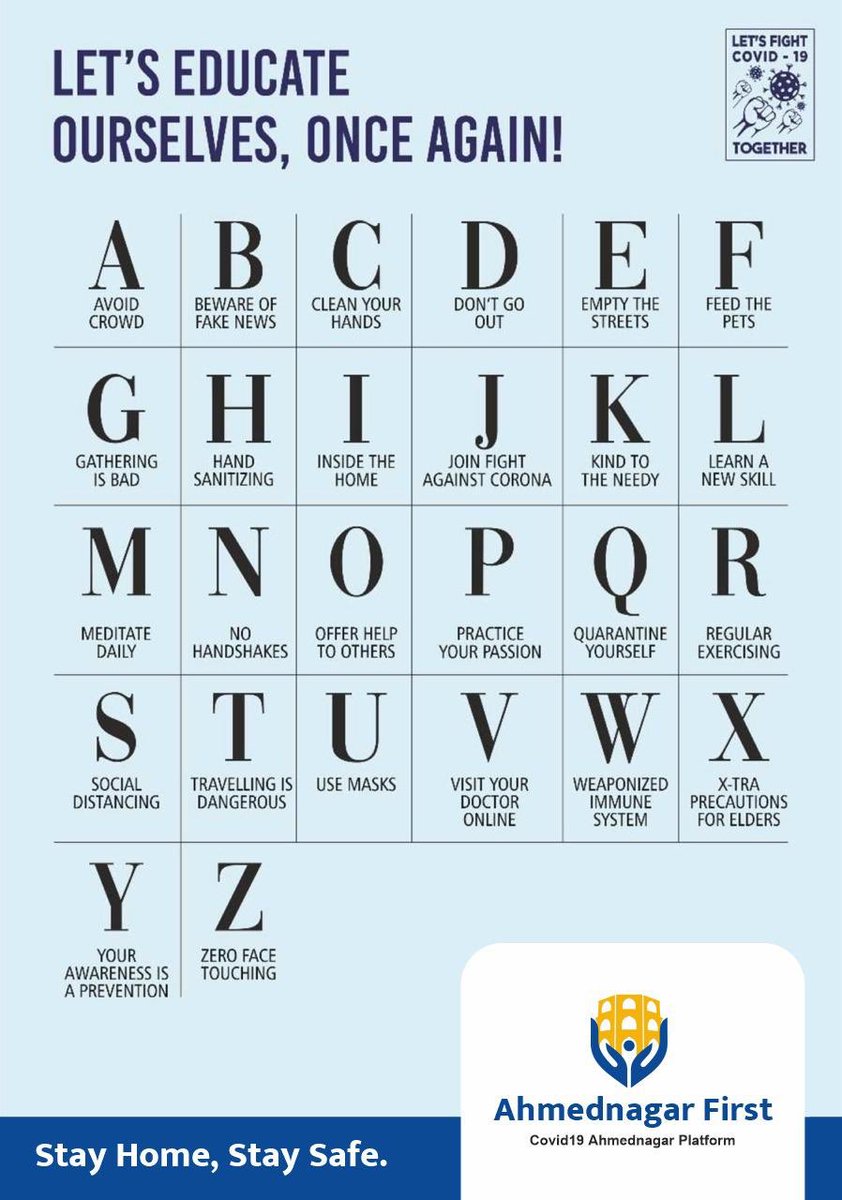 narendrafirodia's tweet photo. The A to Z to survive in these testing times of covid19 ! 
#Ahmednagarfightscorona 
#covid19ahmednagarplatform 
#ahmednagarfirst 
@_Rahuld @sangrambhaiya @drsujayvikhe @satyajeettambe @ilovenagar @LetsUp_ @InfoAhmednagar @NagarPolice @winwinashwin @MarathiRT https://t.co/SDrq1UeYsH