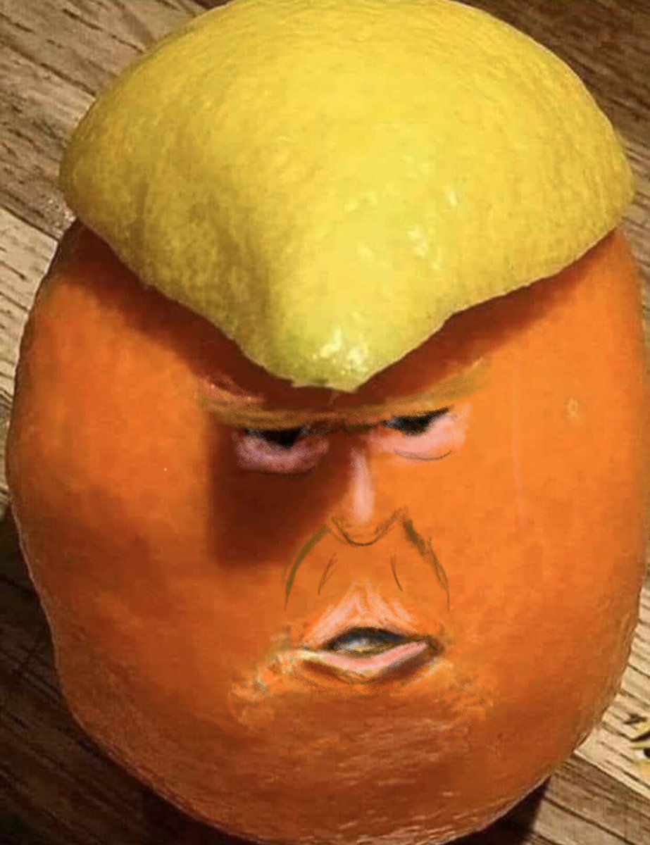 LoEddie's tweet image. I saw a pic of an orange peel capped with a lemon, resembling you know who. So, being bored, I made some enhancements using my iPhone. #thepresidentisanorange #orangeinchief #orange #orangepresident #boredinquarantine #Quarantine