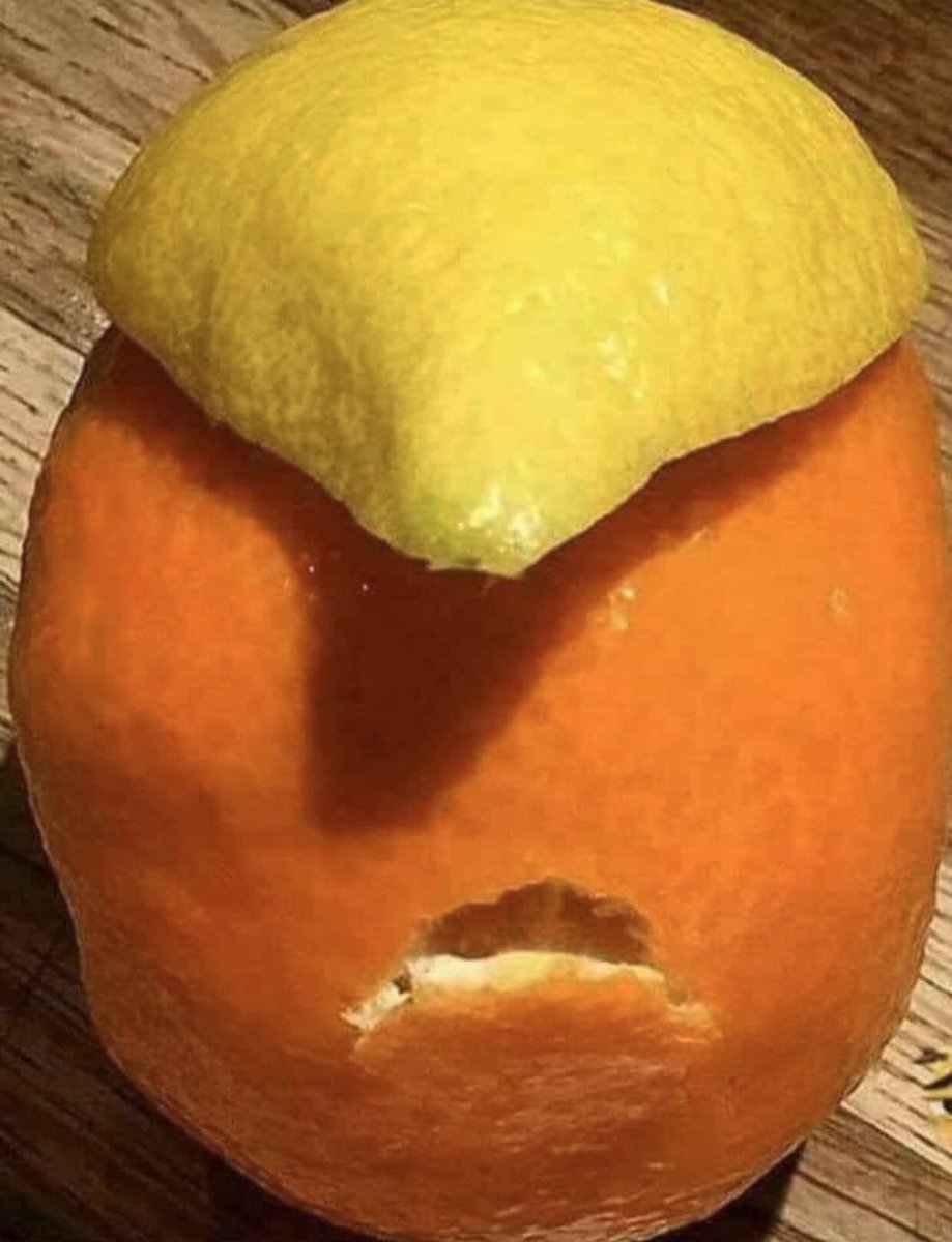 LoEddie's tweet image. I saw a pic of an orange peel capped with a lemon, resembling you know who. So, being bored, I made some enhancements using my iPhone. #thepresidentisanorange #orangeinchief #orange #orangepresident #boredinquarantine #Quarantine