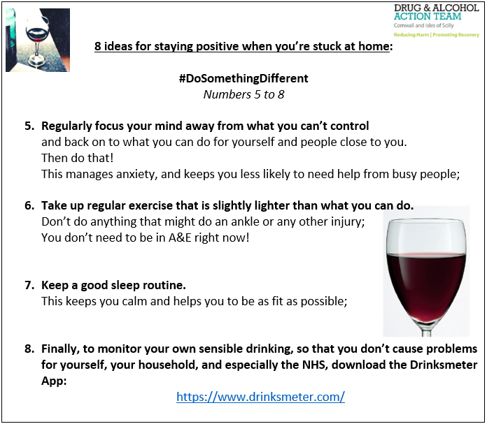 SaferCornwall's tweet photo. If you're anxious or bored at home, take care & monitor your own drinking.
Avoid problems for yourself, your household, and especially the NHS.
Download the Drinksmeter App: https://t.co/uzFjiimayA
#DoSomethingDifferent #onetoomany #StayHomeStayHealthy #Cornwall #drinksmeter https://t.co/p1DbByrtEk