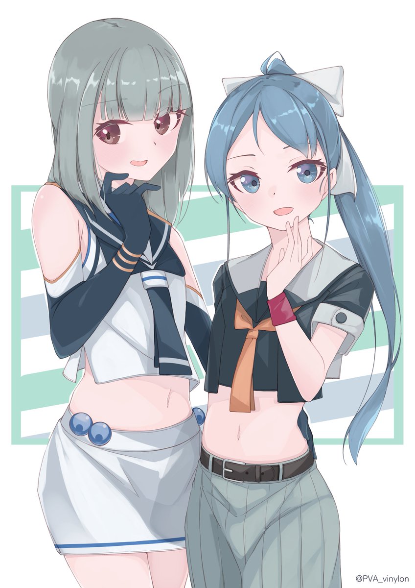 samidare (kancolle) ,yuubari (kancolle) multiple girls 2girls skirt ponytail gloves blue hair blue eyes  illustration images