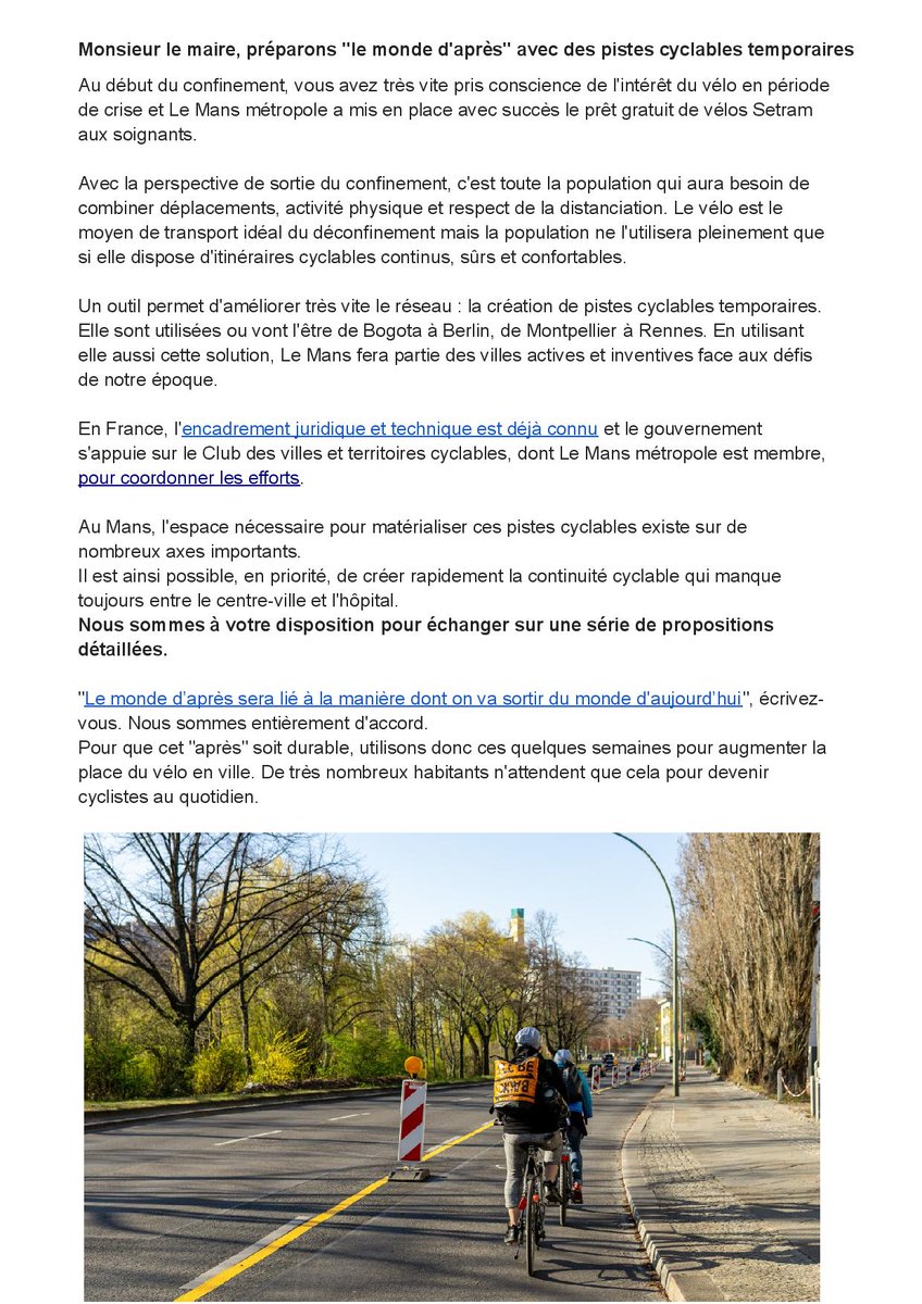 Monsieur le maire, "le monde d'après" peut commencer pendant le confinement, avec des cyclables temporaires !
Notre lettre ouverte à <a href="/SLeFoll/">Stéphane Le Foll</a> #UrbanismeTactique #SolutionVélo