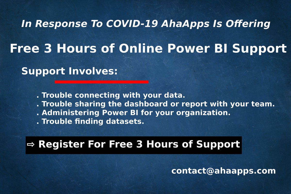 AhaApps's tweet image. In Response to #COVID19 AhaApps is offering Free 3 Hours of online Power BI Support.~lnkd.in/g_kp2qK

#freesupport #powerbisupport #powerbi #powerbireports #supportservices #ahaapps