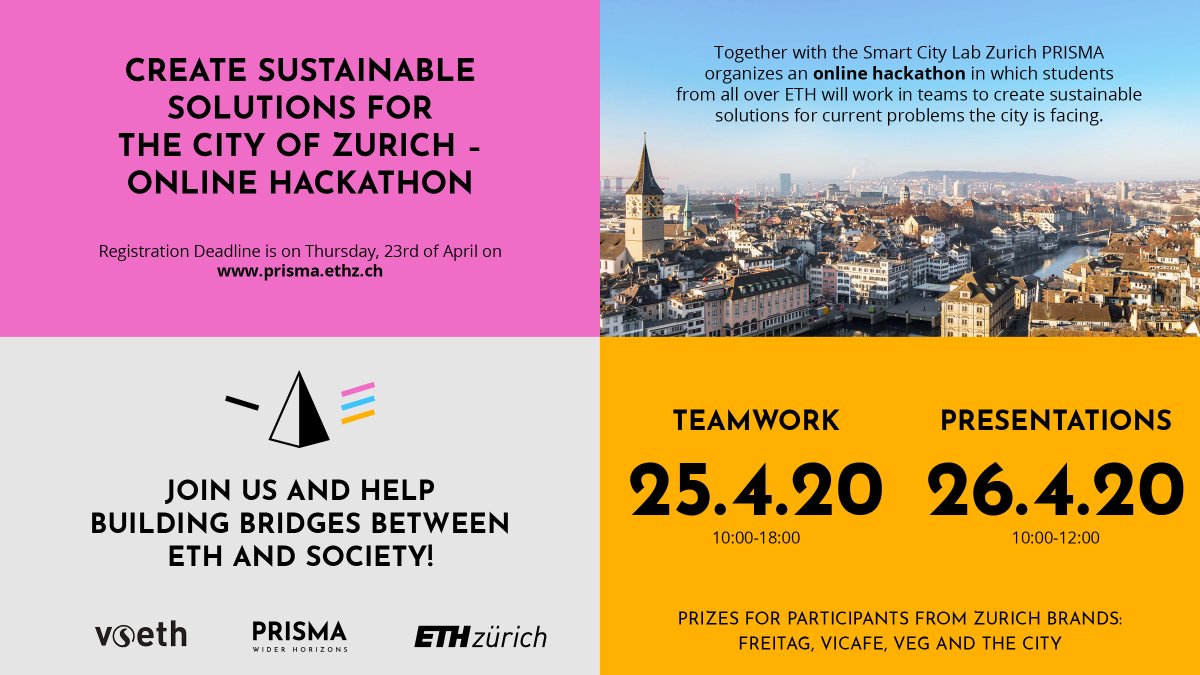 Launching our new PRISMA initiative in partnership with <a href="/stadtzuerich/">Stadt Zürich</a>! Sign up to be a part of our hackathon on Sustainable Cities for <a href="/ETH/">ETH Zürich</a> students! Help us create sustainable solutions for the city of Zurich! 

#Innovation #Sustainability #Hackathon