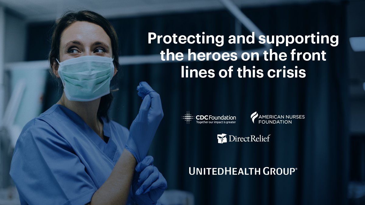 UnitedHealthGrp's tweet photo. Frontline health care workers sacrifice every day to protect us. We're partnering with @CDCFound, @DirectRelief and @ANANursingWorld to ensure their well-being &amp; secure needed PPE. Learn more: https://t.co/RE19y1U88y https://t.co/Lq4zcgjWTR
