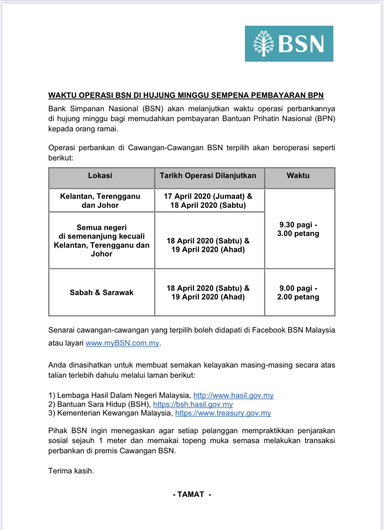 Jabatan Penerangan Malaysia Sarawakさんのツイート Waktu Operasi Bsn Di Hujung Minggu Sempena Pembayaran Bpn Sumber Bank Simpanan Nasional Covid19 Perintahkawalanpergerakan Pkp Dudukrumah Kitamestimenang Khabardarisarawak Sodiakroks Https T