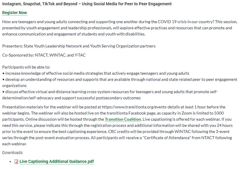 TransitionTA's tweet photo. NTACT webinar Instagram Snapchat TikTok and Beyond Social Media for Peer-to-Peer Engagement 
4/21 12-1 PM (ET) 
Register https://t.co/33jyXXeV4L NTACT 
Facebook Live https://t.co/mckdTQLkMu 
#sped #vocrehab
#COVID19 Resources https://t.co/G6H62VJfRn &amp; https://t.co/K5EJoBN3WF https://t.co/RPSSp1tgNy