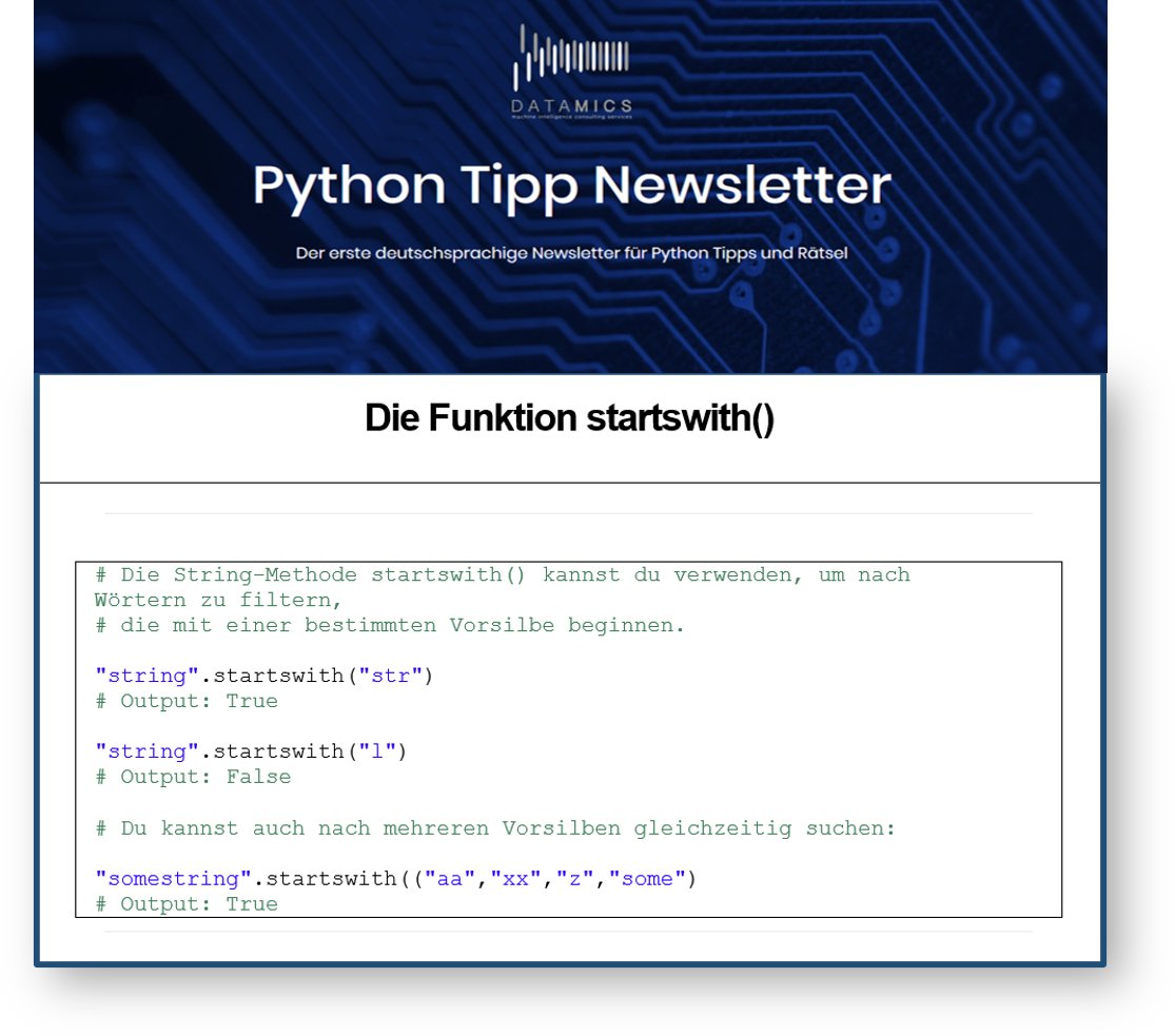 _Datamics's tweet image. Kennst du schon unseren Python Tipps Newsletter?

Wir haben hier mal ein kleines Beispiel für dich! Einfach für den Newsletter registrieren und regelmäßig kleine, kompakte Python-Tipps erhalten.

datamics.com/python-tipp-ne…

#python #pythontipps #pythonnewsletter #pythongermany