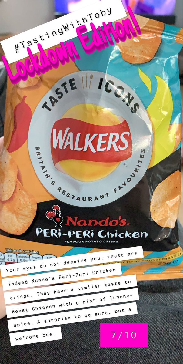 TobyJPrice's tweet photo. So #TastingWithToby returns for a special Lockdown edition featuring @NandosUK and @walkers_crisps collaboration. I would buy these again and can’t wait to try the other flavours. 7/10! https://t.co/fUFky6xl3v