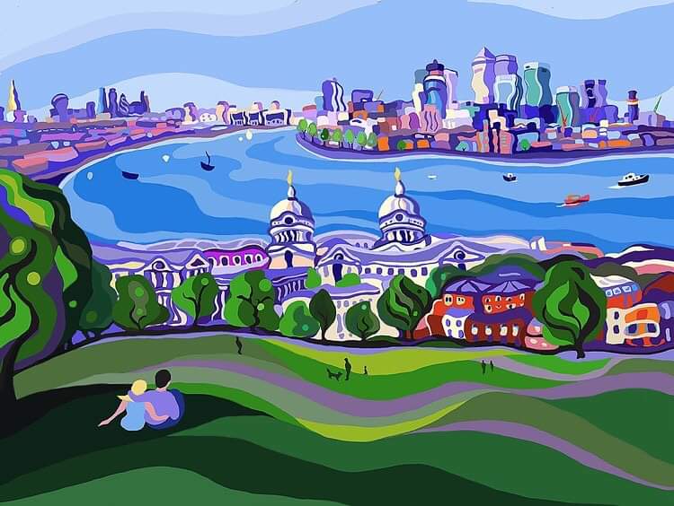 One of my most favourite views in London with <a href="/orncgreenwich/">Old Royal Naval College</a> and <a href="/RMGreenwich/">Royal Museums Greenwich</a> 
in a fabulous painting by brilliant <a href="/SarahFosseArt/">Sarah Fosse</a> 
#londonislovingit #art #Greenwich #travel  #FridayFeeling #Thames
