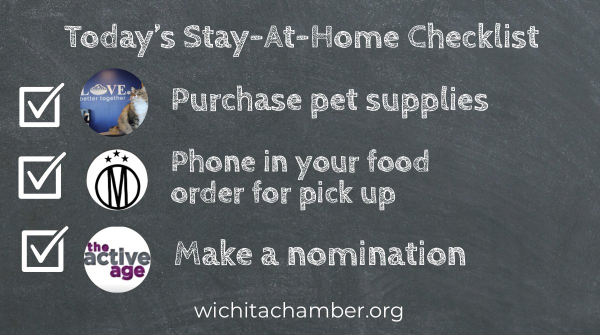 #TGIF
✅ Purchase pet food, treats and prescriptions for curbside pickup at loveictvet.com 🐶 
✅ Order takeout from <a href="/MonarchICT/">The Monarch</a> TODAY from 11am to 7pm at 316-201-6626 ☎️ 
✅ Nominate someone over 55 for a Thrive Award from Active Age. 🌟 
#stayhome #ilovewichita
