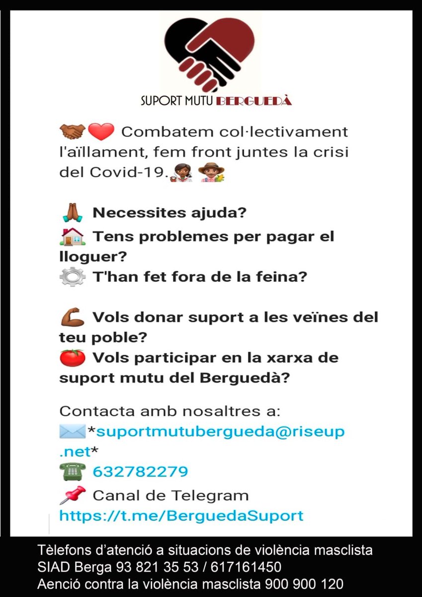 🔴 El Berguedà segueix organitzant-se per a fer front a la crisi del #Covid_19. 

Neix <a href="/SBergueda/">Xarxa de Suport Mutu Berguedà</a> per teixir aliances i donar resposta a totes les veïnes que tinguin problemàtiques. 

Feu-ho córrer i que arribi arreu, combatem juntes l'aïllament! ✊