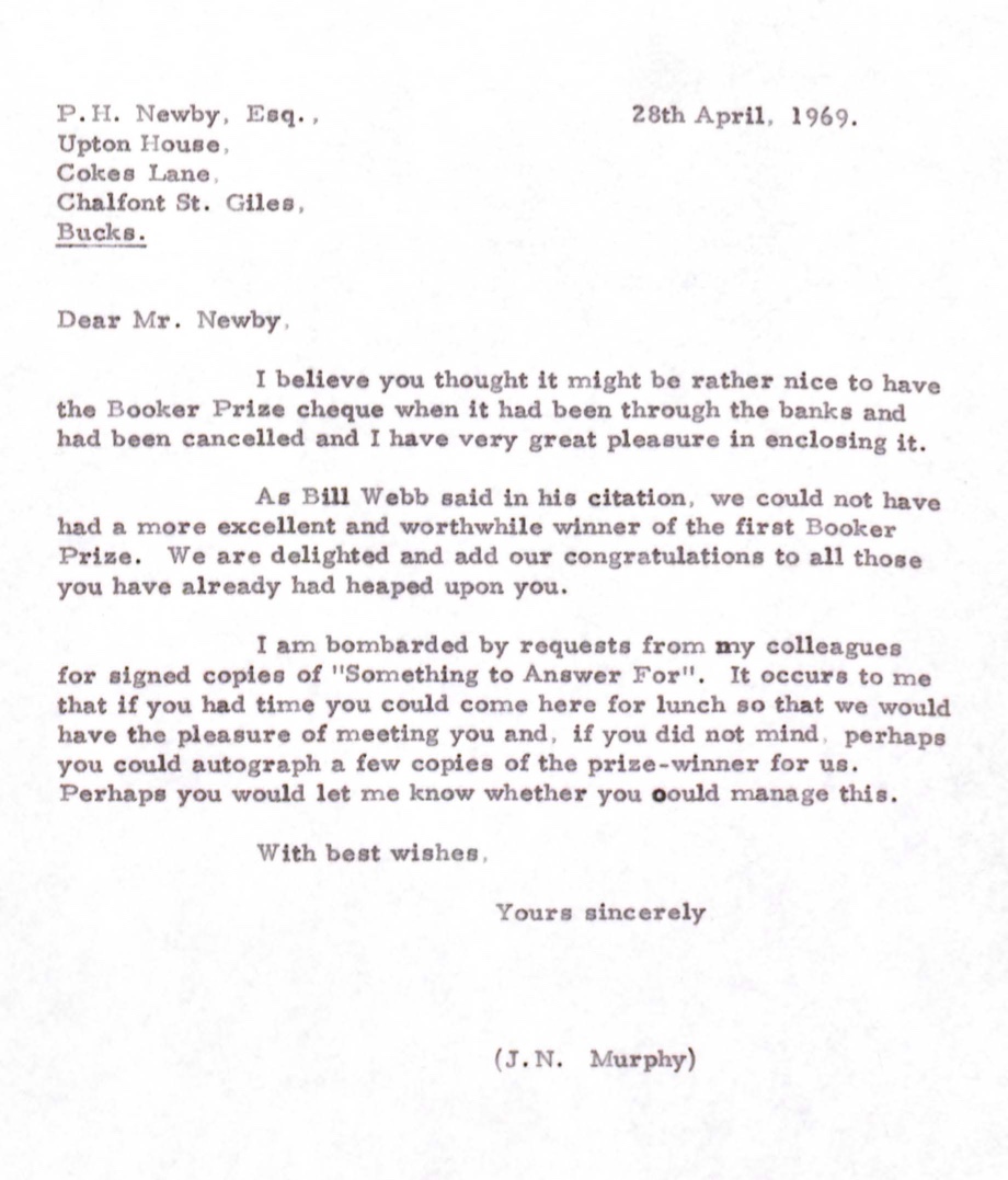 BrookesSpecColl's tweet photo. The first winner of @TheBookerPrizes was PH Newby’s murder mystery Something to Answer For in 1969. This letter offering him congratulations (& requesting signed copies!) is part of the digitised archive https://t.co/pvRYsW9fk7 #ArchiveMystery #Archive30 #TimeForTheBooker https://t.co/xge3spwipp
