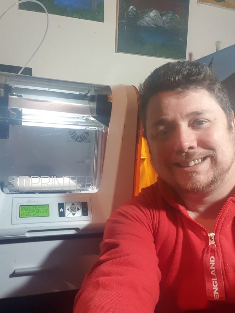 RawlinsAcademy's tweet photo. Not a #SewingMachineSelfie but a #3DPrinterSelfie from Mrs Newbold and Mr Elliot who have been making visors and mask clips at home ππ»π https://t.co/YLbLSpDcQF
