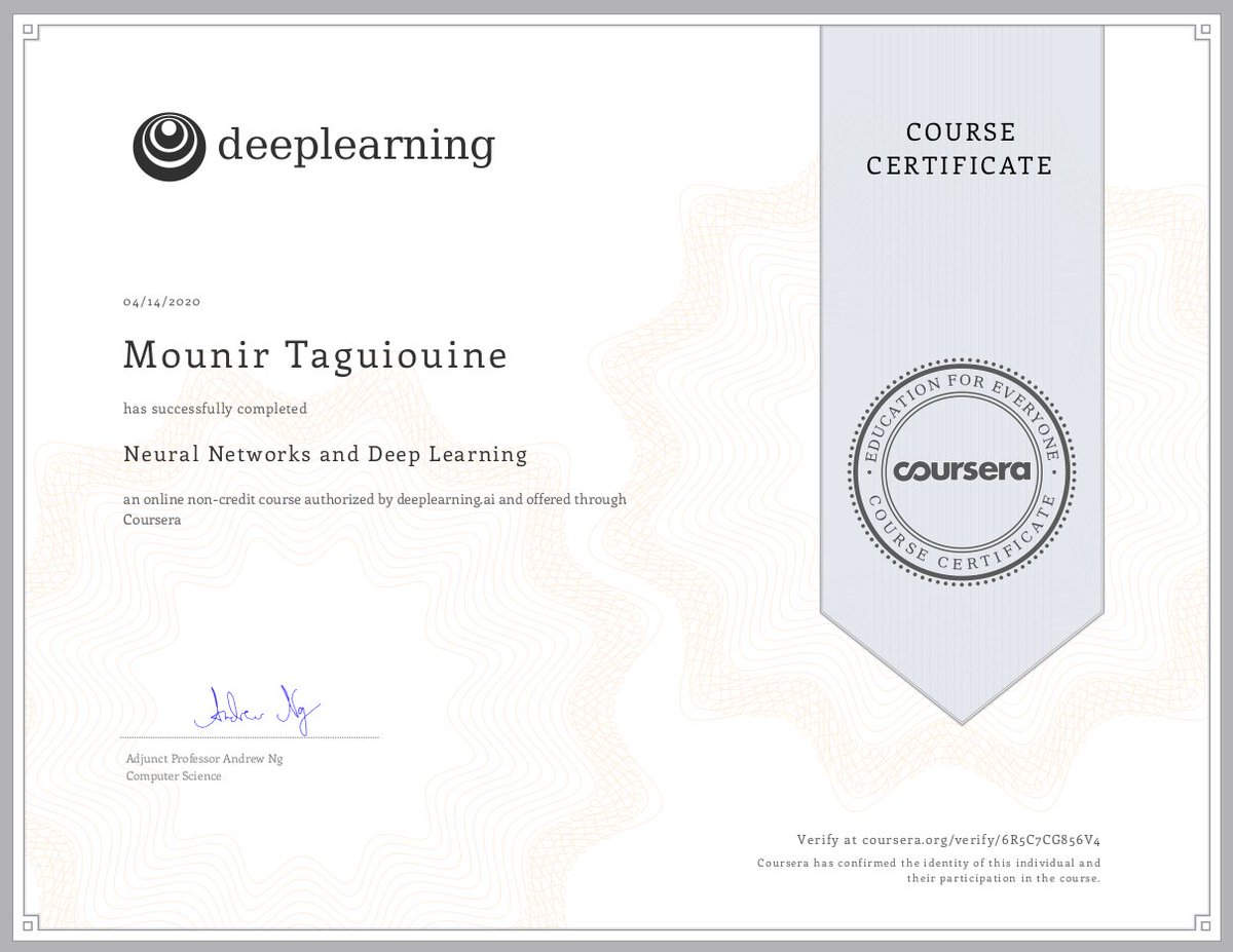 I am glad to share that I successfully completed "Neural Networks And Deep Learning" course by professor <a href="/AndrewYNg/">Andrew Ng</a> on <a href="/coursera/">Coursera</a> offered by deeplearning.ai. 

#DeepLearning  #NeuralNetworks  #MachineLearning  #Coursera