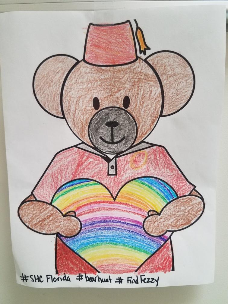 ShrinersFlorida's tweet photo. Last week we invited #SHCFlorida families to go on a Fezzy Bear hunt with us, and we wanted to show off some of the art our patients have shared!  #FridayFun

Get in on the fun! Color the blank page &amp; hang in your window at home with #SHCFlorida #bearhunt &amp; #FindFezzy https://t.co/qUCsgbCI1g
