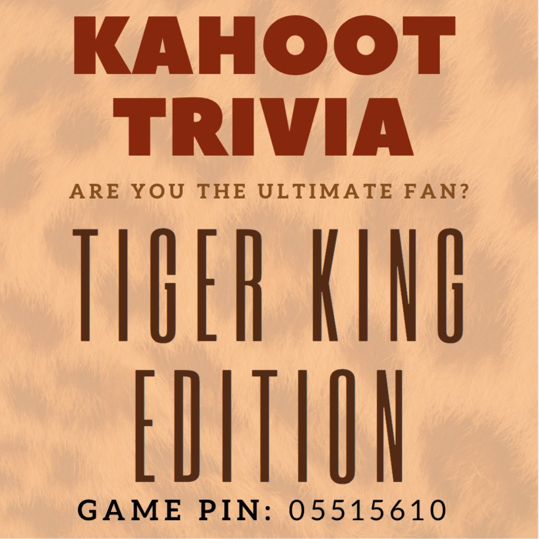 BehrendLEB's tweet photo. The real question is did Carol Baskin kill her husband? You won't find the answer in our Kahoot trivia game this week, but be sure to play if you are the ultimate TIGER KING fan! #virtualactivities #behrend #leb https://t.co/nhQAtBB0Oh
