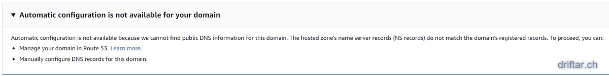 widmerkarl's tweet photo. Trying to set up @awscloud #WorkMail for a test domain. The domain is registered at AWS, DNS is #Route53. WorkMail one-click configuration doesn't work, nor does manual DNS records for verification. What am I doing wrong @AWSSupport? https://t.co/hHIrc2vjhe https://t.co/zKli2BdzP0