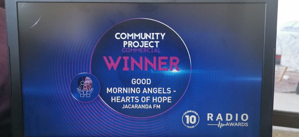 <a href="/JacaBreakfast/">Breakfast with Martin Bester</a> wins best community project for Good Morning Angles Hearts of Hope!!! Well done on your win <a href="/MartinBester/">Martin Bester</a> <a href="/jacarandafm/">Jacaranda FM</a> <a href="/Nickgrubb/">Nick Grubb</a> @LadyJane0729 <a href="/MyburghMedia/">Hennie Myburgh</a> <a href="/LeithSmith/">Leith Smith</a>