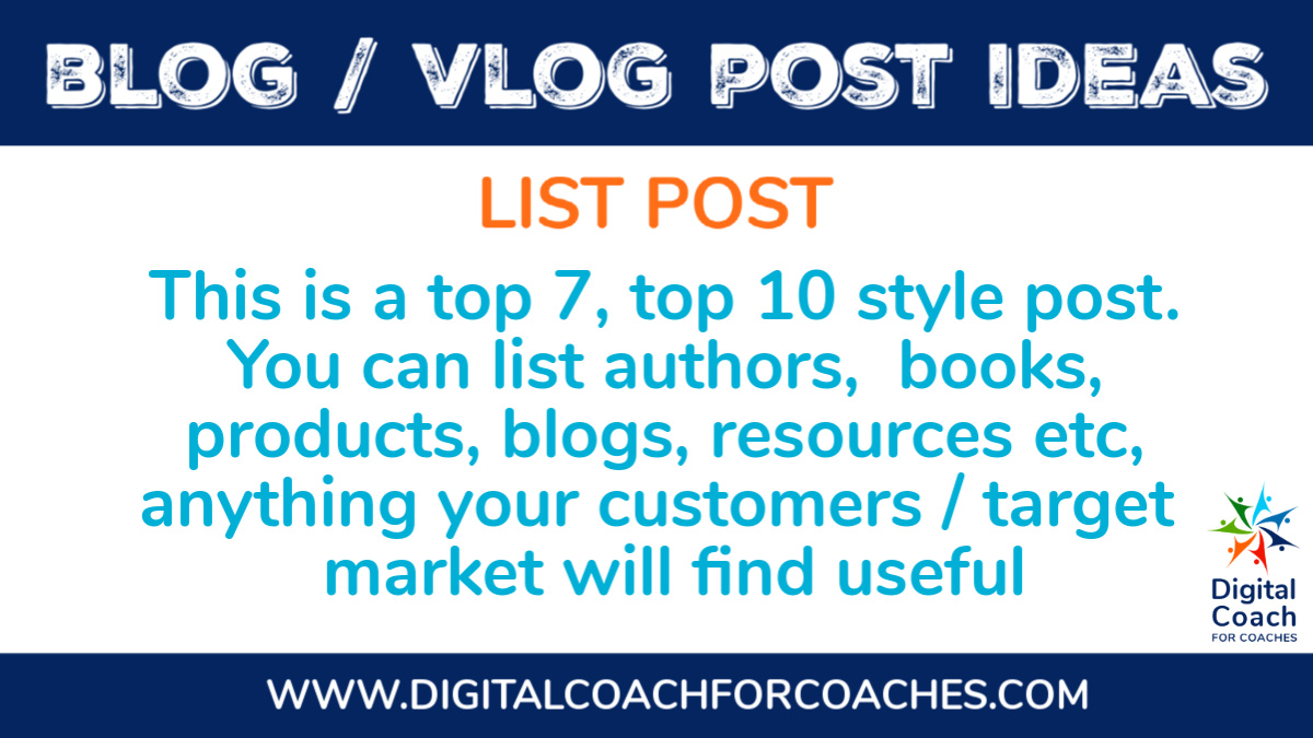Looking for a blog post idea?  How about a 'LIST' post - a top 7 /10, about something in your business niche. 
#blogging #articleideas #bloggingtips