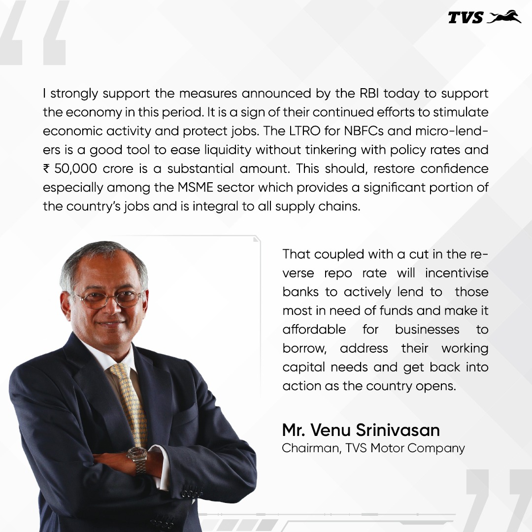 tvsmotorcompany's tweet photo. Mr. Venu Srinivasan, Chairman, TVS Motor Company supports the measures taken by RBI to boost the economy #IndiaFightsCorona https://t.co/MH21VIpf91