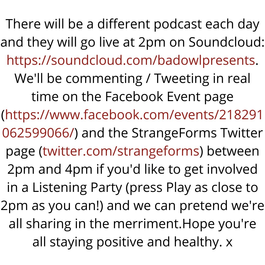 StrangeForms's tweet photo. StrangeForms Festival may be cancelled but, instead, we invite you to StrangeForms Festival - The Podcast. We invite you to join us at 2pm tomorrow &amp; Sunday where we'll be playing tunes from all the bands due to perform...

https://t.co/ernpuIKisH

https://t.co/C6enFqs6za https://t.co/wzmQdxMejv