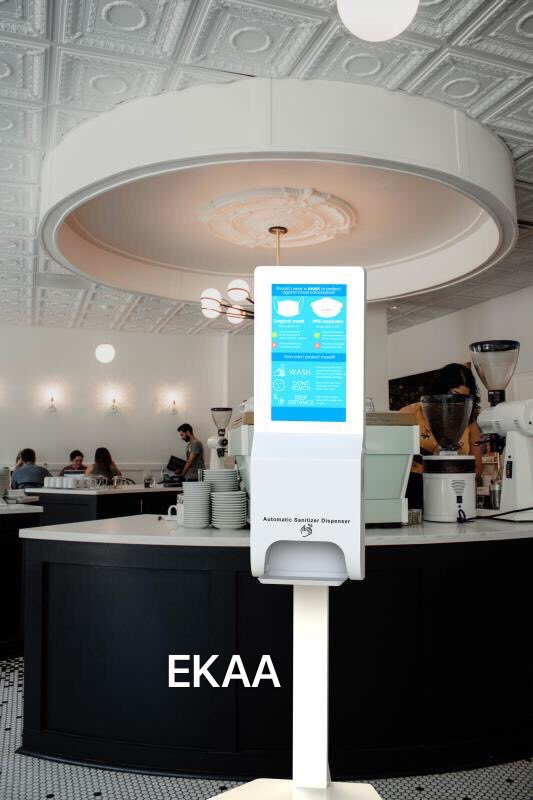 Digital Signage with automatic hand sanitiser dispensers. They will be vital in helping keep people safe, preventing the spread of CV-19. 
 EKAA CMS Systems will support the customer in displaying promotional advertising to help fund the deployment of the technology. All content