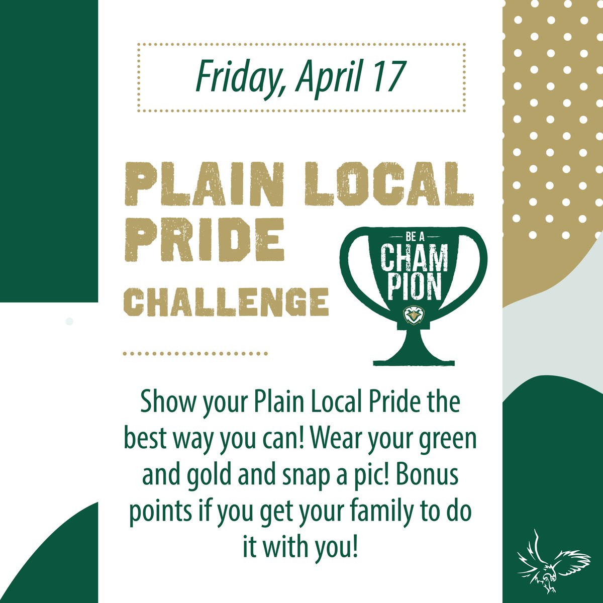PlainLocal's tweet photo. Happy Friday!! We made it through another week!
Today, like every Friday in Plain Local we want to see your GREEN & GOLD for today's #PLSSocialMediaChallenge! Show us your Plain Local Pride!
#BeAChampion
#InThisTogetherOhio https://t.co/Po3EEzA86j