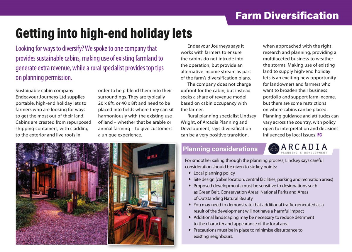 ArcadiaPlanning's tweet photo. Check out our recent editorial in @farmersguide April issue, where we advise farmers and landowners on their planning considerations before #RuralDiversification 👍 

#Planning #UKFarming #EndeavourJourneys #Cabins #Developmentmanagement #glamping #staycation https://t.co/jePa14GvNX