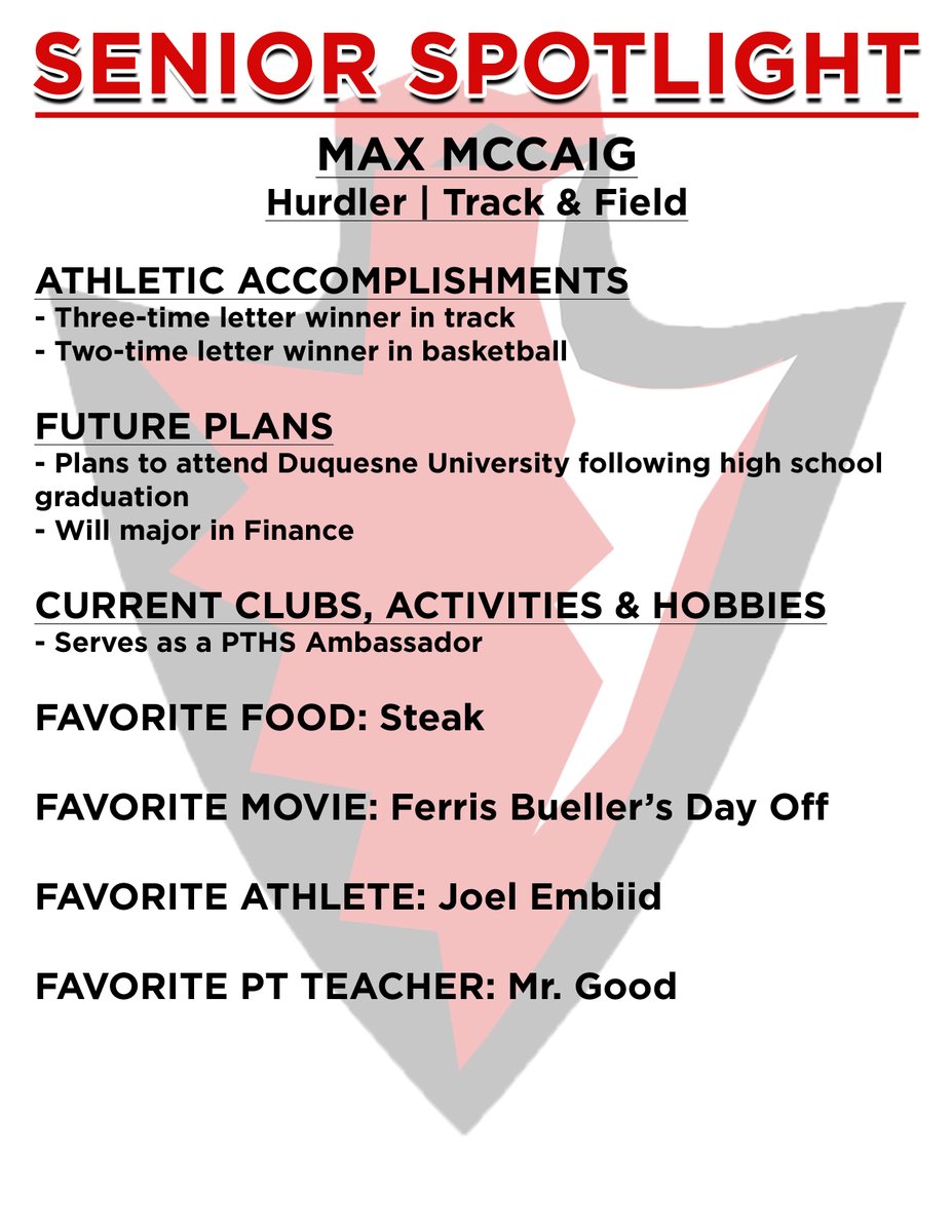Today's Senior Spotlight focuses on multi-sport athlete Max McCaig.  Max is heading to Duquesne University in the fall to study Finance.  

For previous Senior Spotlight profiles, check out the rest of our Twitter feed.  Keep an eye out for more Senior Spotlights next week!
