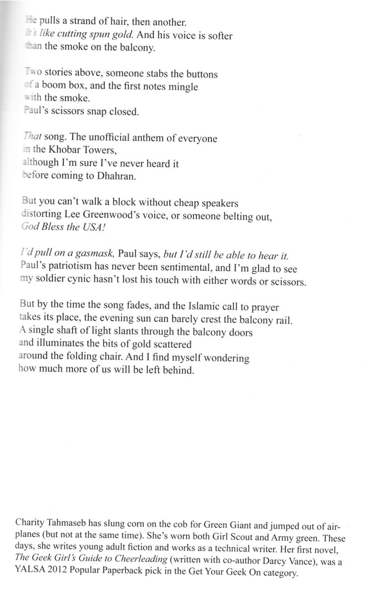  #warpoetry by U.S. Army veteran Charity Tahmaseb  @geekgirlx2 shares an intimate downrange moment. First printed in  @SEMOPress's "Proud to Be" (Vol. 2)  https://amzn.to/2z9bSuU , it was also featured in one of the author's YA novels:  https://amzn.to/3erX76C   #NationalPoetryMonth 17/n