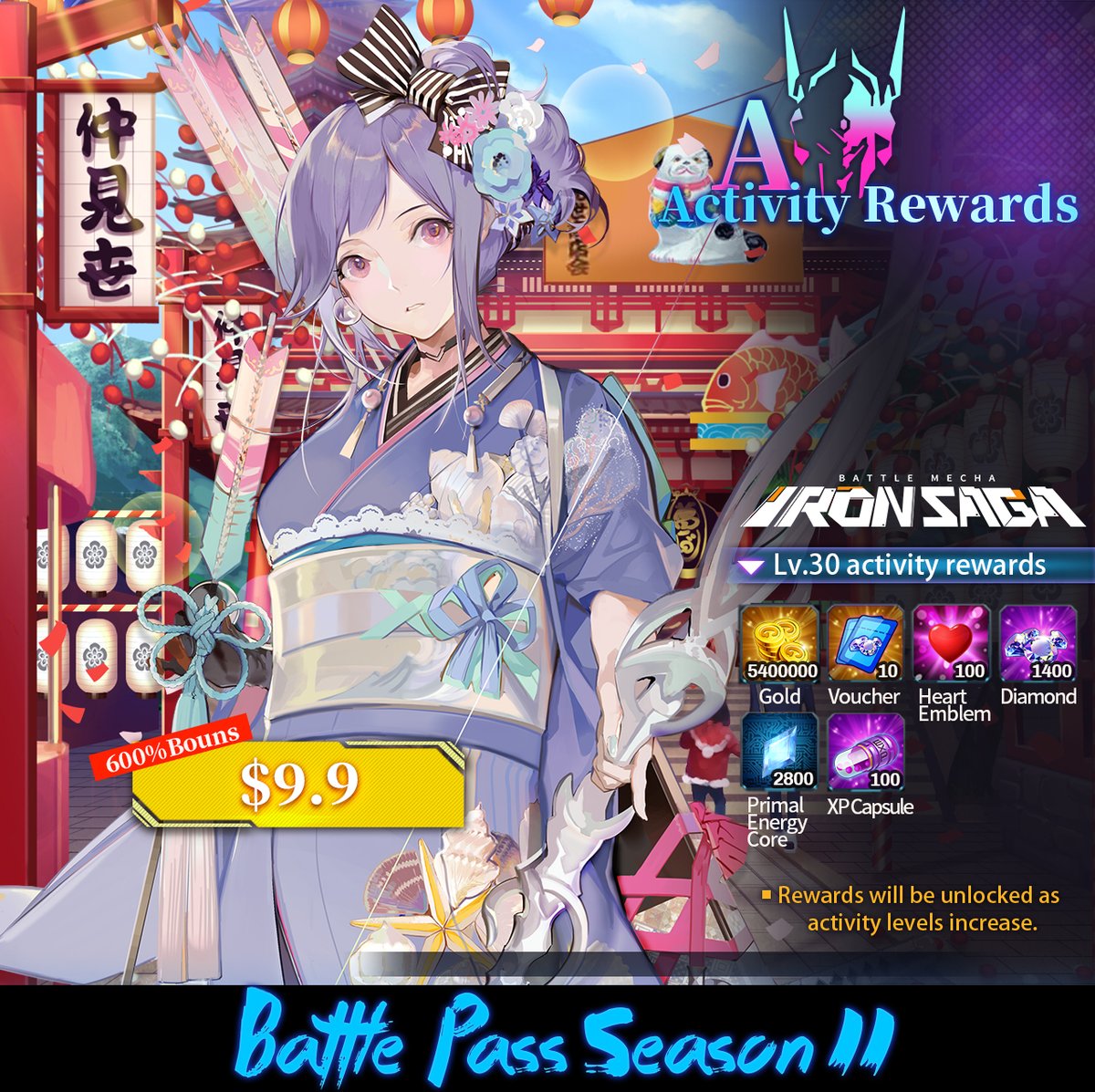 IronsagaEN's tweet photo. 🎏Battle Pass Season II🎏

Long time no see, BS-kun! What will you bring this time? Moon Badge, High-End Market coupons, diamonds and more?! The most tempting is definitely Slokai in Yukata💫

#IronSaga https://t.co/KUpgKJ27aM