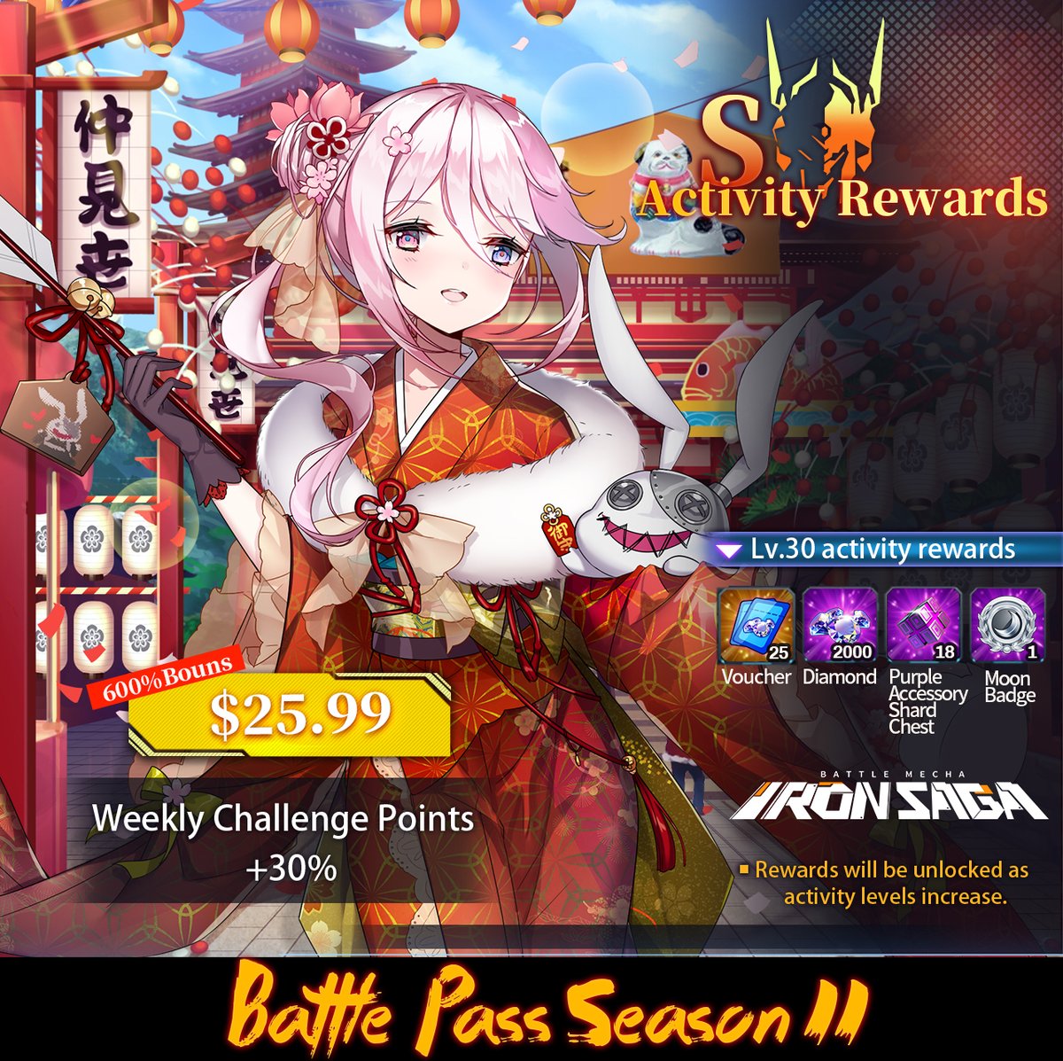 IronsagaEN's tweet photo. 🎏Battle Pass Season II🎏

Long time no see, BS-kun! What will you bring this time? Moon Badge, High-End Market coupons, diamonds and more?! The most tempting is definitely Slokai in Yukata💫

#IronSaga https://t.co/KUpgKJ27aM