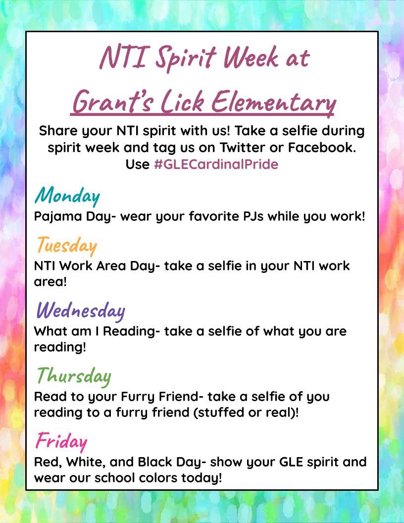 Cardinals, join us for next week’s NTI Spirit Week! See details below: