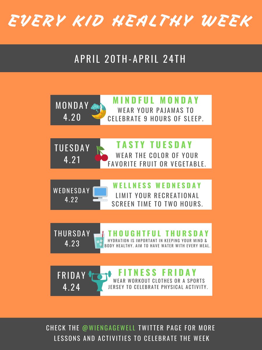 ActiveAbell's tweet image. Wellness Warriors Don't Forget Next Week We Kick off Healthy Kids Week April 20th-24th!! Check out all the FUN ways we are celebrating. Can't wait to wear my pajamas on Monday to celebrate the importance of getting 9 hours of sleep. @ReamsElemAP @AMDavisElem  @Act4HlthyKids