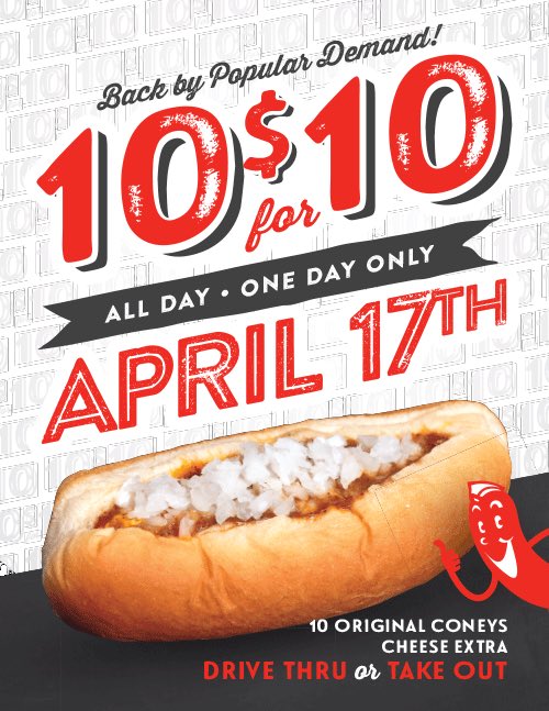 coneyman's tweet photo. It’s back! 10 Original Coneys for $10. Today only. All locations. Drive thru &amp; Take out. https://t.co/1ZC02mdefy