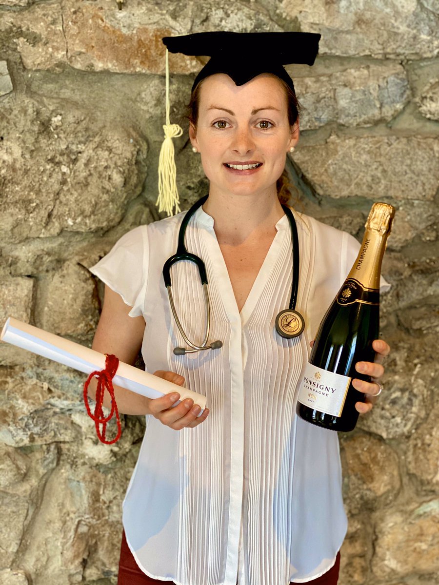 Graduating at home today, three months early, with a tea towel on my head and a rolled up email in my hands! Wish me luck 👍🏻

Dr. Hannah Munday MBBCh MBiochem