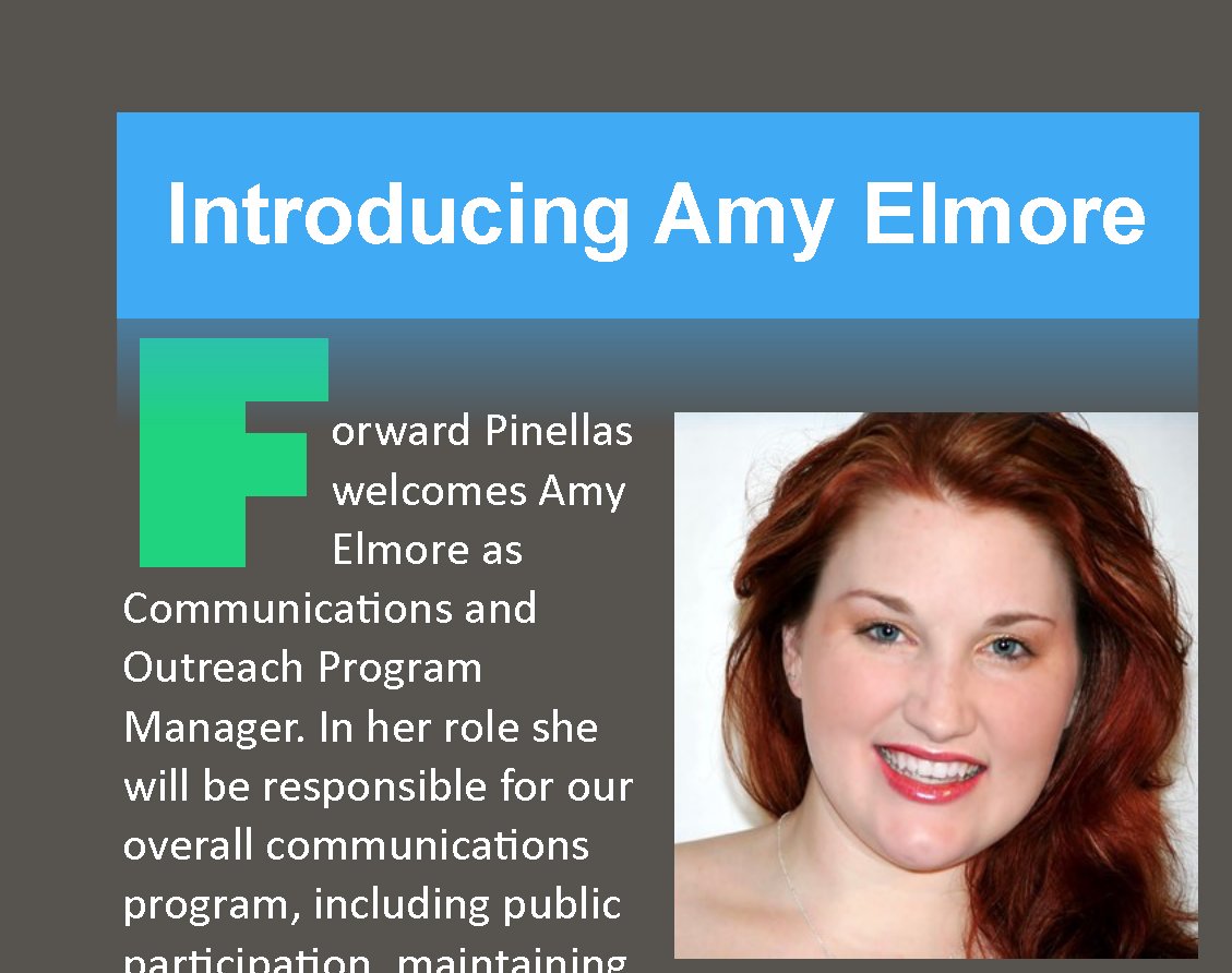 ForwardPinellas's tweet photo. We are delighted to welcome Amy Elmore aboard as Forward Pinellas’ Communications &amp; Outreach Program Manager. Amy will begin working virtually on April 27. https://t.co/dwyyl5MCrc https://t.co/8Pb5I5DYlC