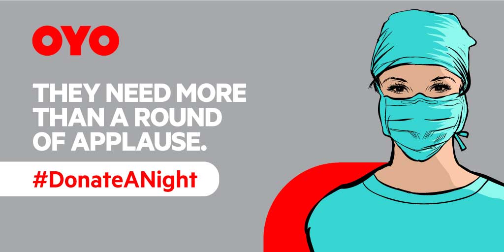 oyorooms's tweet photo. The heroism of our health workers isn’t going unnoticed but what we forget is that they need more than just compliments. Join us and #DonateANight to help them find a safe space to rest. Follow this link: https://t.co/S5yb0ZBFhj
#StaySafe #Donate #HelpHeroes #OYO #OYOForSafeStays https://t.co/4VLwg8Z9Yu
