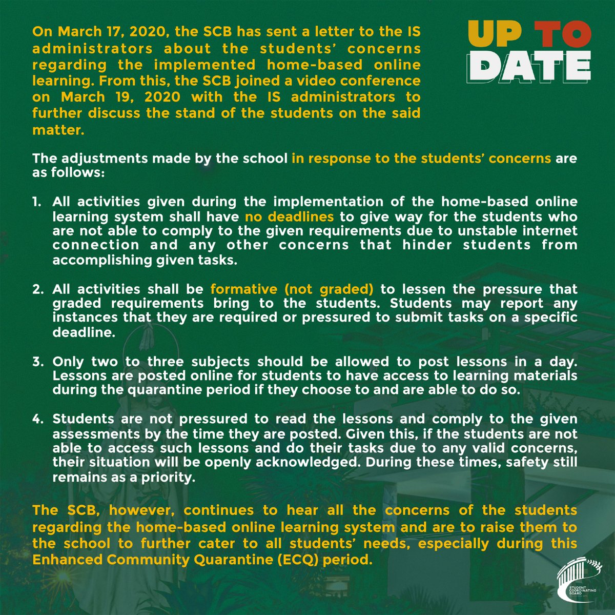 LOOK BACK: On March 17, 2020, a letter was submitted to the school administrators which included anonymous direct quotations from the students regarding their concerns on online classes. In response, the following guidelines were implemented: