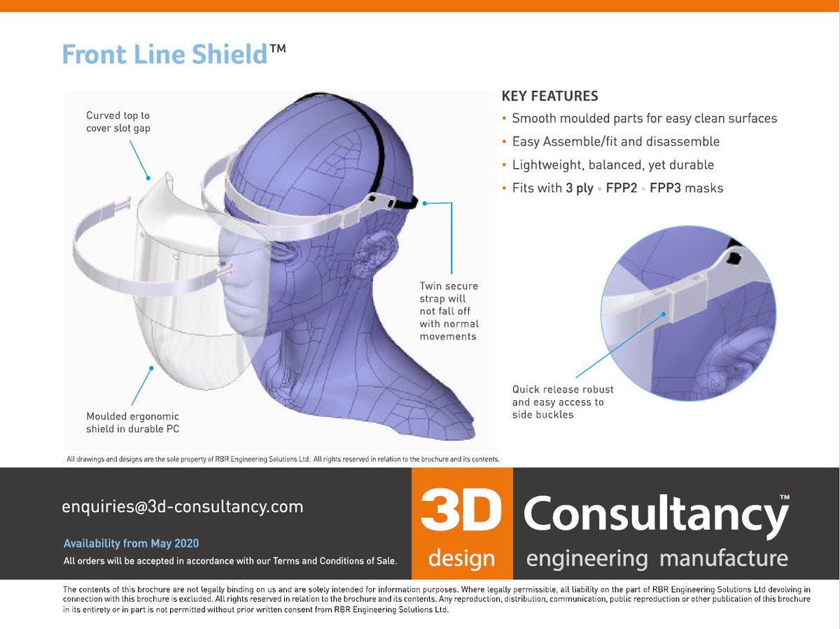 3D_Consultancy's tweet photo. The 3D Consultancy team have designed a face shield for use by front line workers as part of essential PPE required in the fight against COVID19.  Orders may be placed direct via: enquiries@3D-consultancy.com 
#ppe #visor #frontline #designinnovation #madeinbritain #sustainable https://t.co/vbow4L8MCl