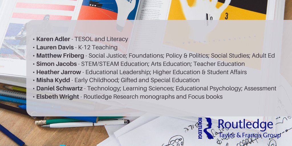 Routledge Education Books (@routledgeed) on Twitter photo While #AERA20 may be cancelled, our editorial team is still actively considering new pitches and proposals for books on education across all subdisciplines.
Find our editorial contact list here: bit.ly/2UUhlxS.
<a href="/simonjacobs_ed/">Simon Jacobs</a> @MishaKydd <a href="/Elsbeth_YW/">Elsbeth Wright</a>” While #AERA20 may be cancelled, our editorial team is still actively considering new pitches and proposals for books on education across all subdisciplines.
Find our editorial contact list here: bit.ly/2UUhlxS.
<a href="/simonjacobs_ed/">Simon Jacobs</a> @MishaKydd <a href="/Elsbeth_YW/">Elsbeth Wright</a>”