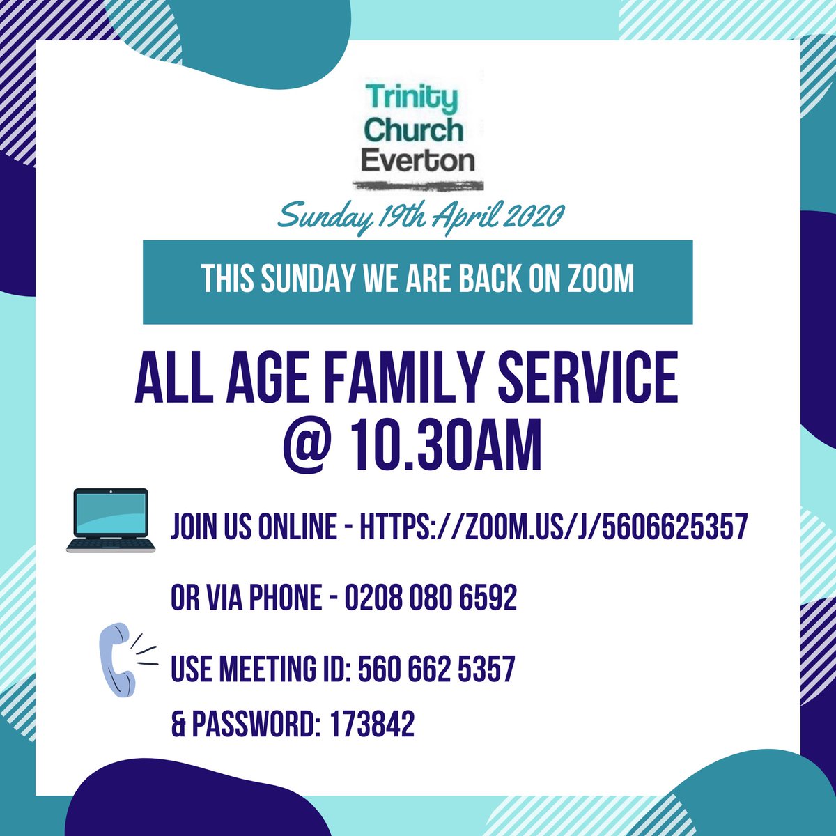 This Sunday we are back on Zoom. Make sure you join us at 10.30 - visit zoom.us/j/5606625357 and enter meeting ID: 5606625357 and password: 173842