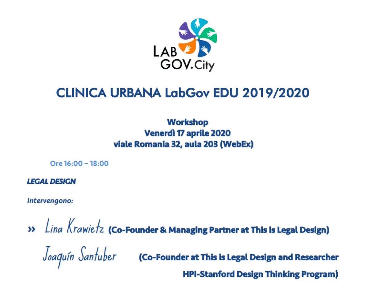LabGov's tweet photo. #LabGovnonsiferma: Diamo inizio al quinto modulo della #ClinicaUrbana #LabGov2020. Ospiti @LinaKrawietz, e @JoaquínSantuber, Co-Founder del ‘This is Legal Design’. Analizzeremo tre principi guida: #privatepolicity, #transparency ed #engagement.
More info: https://t.co/IdvUZVcECe https://t.co/7MdwQG1k5p