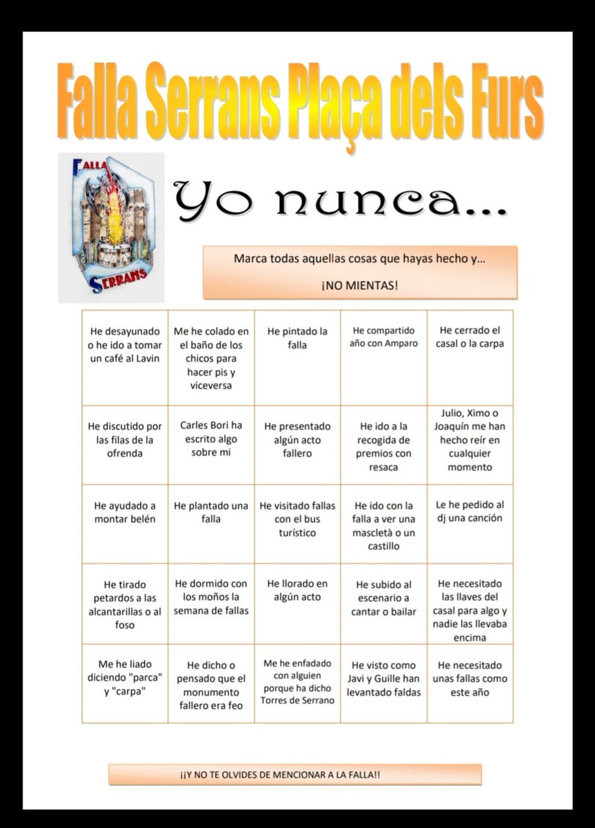 Buenos días, éste es el "YO NUNCA......" de Falla Serranos-Plaza de los Fueros
Anímate!!