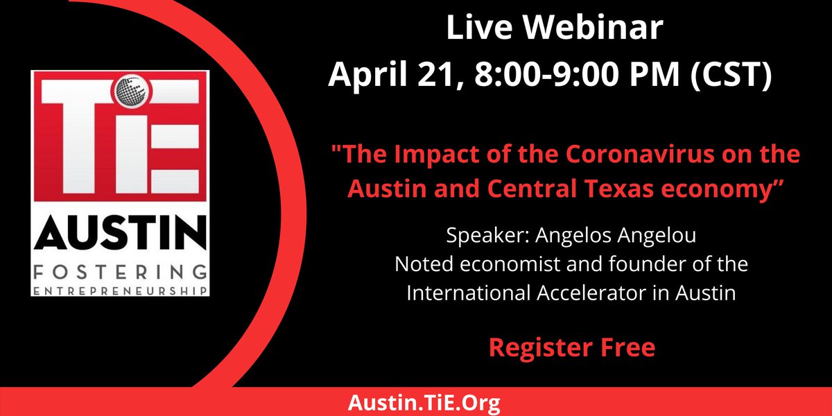 The Impact of Coronavirus on the Austin Economy
Live Discussion w/ Angelos Angelou on April 21

Register today @ bit.ly/3dCElJc

#TiEAustin #Economy  
#webinar

<a href="/GoBigInTexas/">Texas Economic Development Corporation</a> 
<a href="/MesaEconDev/">Mesa Economic Dev</a> 
<a href="/NBEDC/">New Braunfels EDC</a> 
<a href="/GPEC/">Greater Phoenix Economic Council</a> 
<a href="/CameronTxEDC/">CameronTX Economic Development</a> 
<a href="/TheEconomist/">The Economist</a>