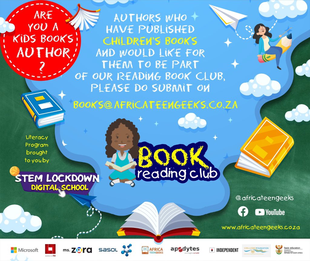 africateengeeks's tweet photo. A call to all published authors who write children’s books, urgently email your e-book to books@africateengeeks.co.za. Tag your author friends and Stay tuned to our social media pages for more details. #Read2Lead #umlambofoundation #LockdowneSchool #sasolfoundation #microsoft https://t.co/rIE2l2ezMv