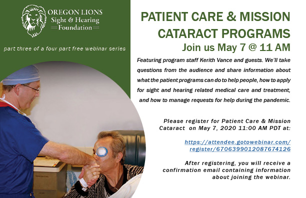 OLSHF's tweet photo. We’ll answer your questions and share information about what the patient programs can do to help people. Please register for Patient Care &amp; Mission Cataract Webinar on May 7 at 11 AM PDT at:

https://t.co/ga9UGJbU4Y

After registering, you will receive a confirmation email. https://t.co/2KrVSKTw4y