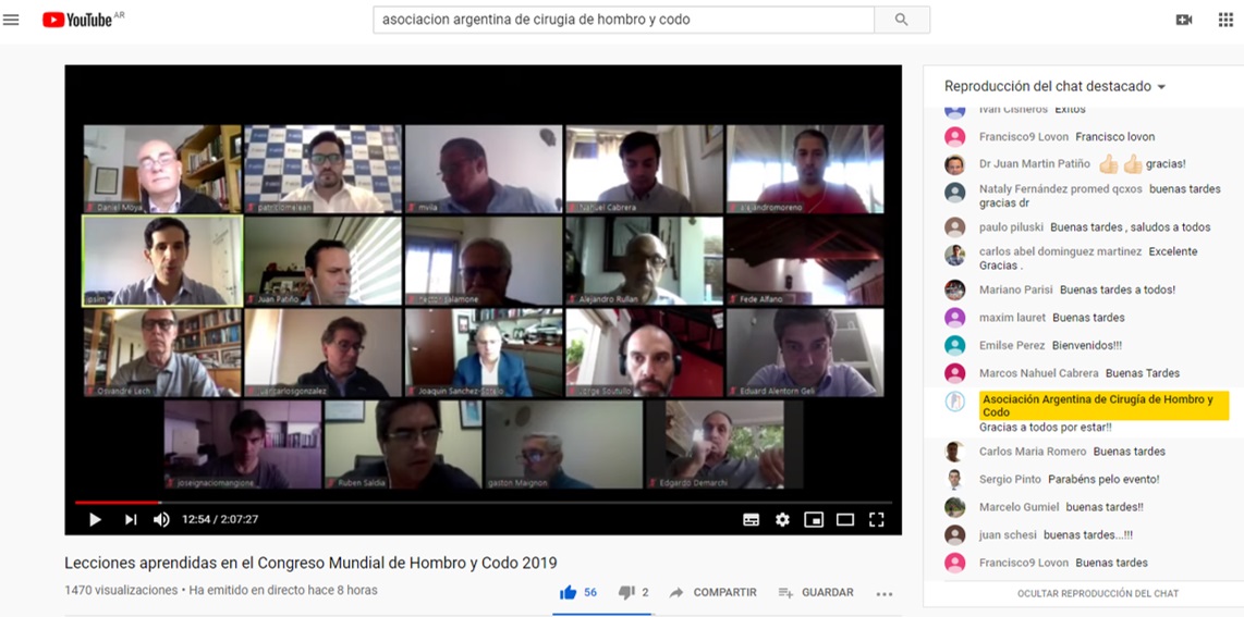 Éxito rotundo de nuestro primer webinar internacional. Más de 400 asistentes en vivo y 6 horas después casi 1500 visualizaciones sólo en Youtube. Excelente plantel de disertantes y excelente equipo de la Asociación Argentina de Hombro y Codo. Gracias a todos por participar.